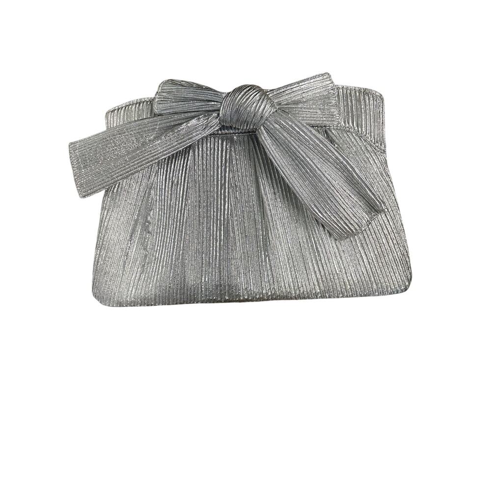 NWT J Silver Metallic Bow Clutch Sz 11"x7"
